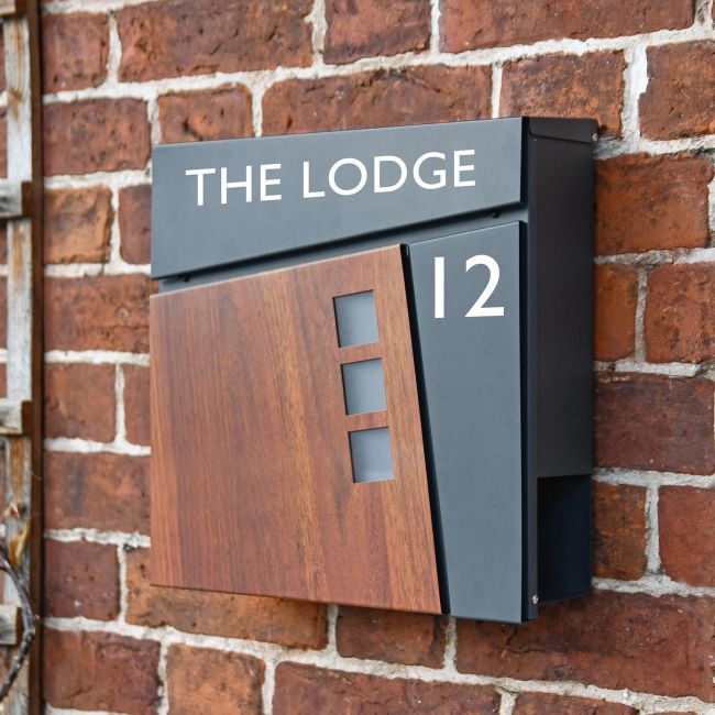 Personalised "Elmsgate" Anthracite Grey Modern Wall Mounted Post Box in situ on a Brick Wall