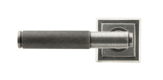 Pewter Textured Lever Door Handle on Square Rose Front Pewter Textured Lever Door Handle on Square Rose Front