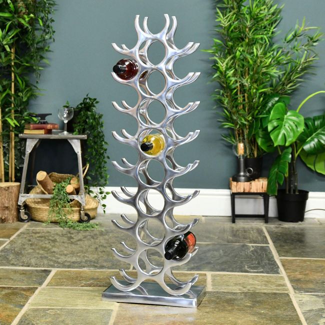 Polished Aluminium Contemporary Floor Standing Wine Rack Holding Wine Bottles