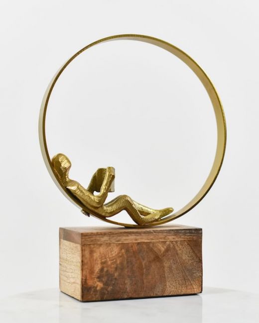 Reading around the World Aluminium and Mango Wood Sculpture - Gold Reading around the World Aluminium and Mango Wood Sculpture - Gold