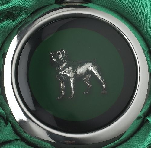Close-up of the Rottweiler on the Whiskey Flask Close-up of the Rottweiler on the Whiskey Flask