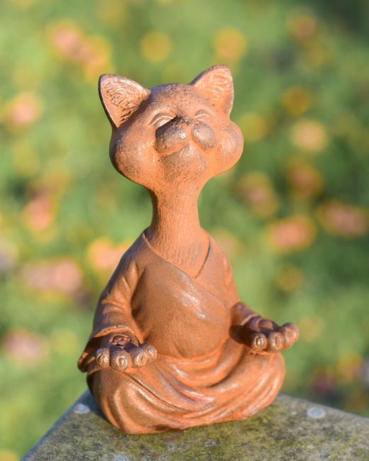 Rustic Cast Iron Cat Meditating Garden Sculpture
