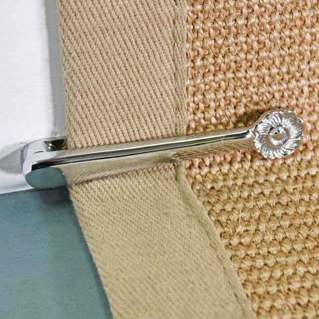 Bright Chrome Florentine Stair Clips on Blue Stairs Bright Chrome Florentine Stair Clips on Blue Stairs