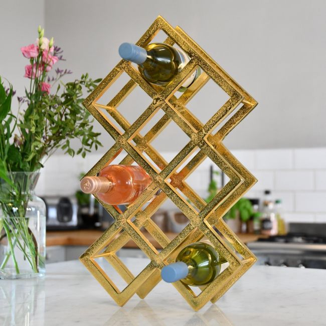 Gold Geometric Wine Rack in Kitchen Setting Gold Geometric Wine Rack in Kitchen Setting