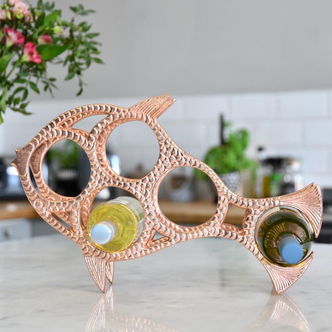 Copper "Fish" Wine Rack in Kitchen Setting Copper "Fish" Wine Rack in Kitchen Setting