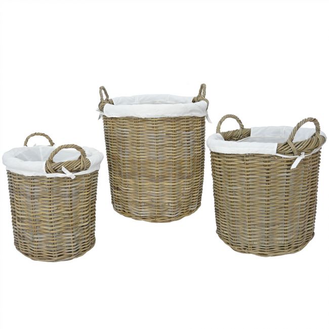 Set of 3 Lined Natural Wicker Log Baskets