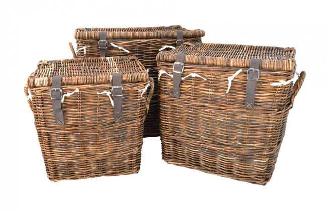 Set of Three Wicker Log Baskets with Leather Straps