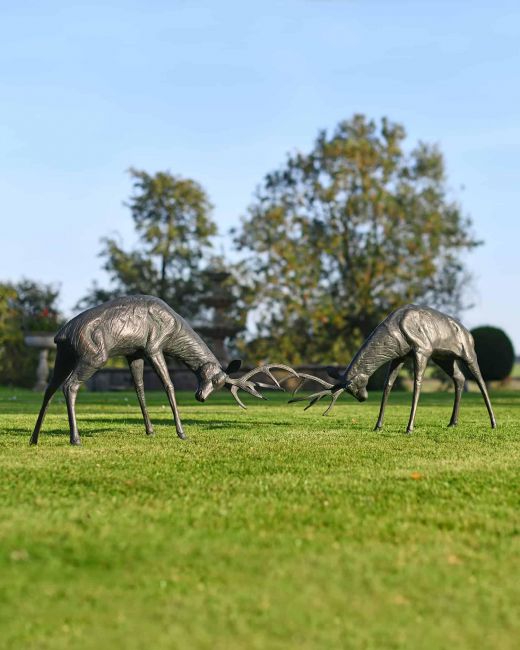 Set of Two Aged Verdigris "Rocky" Fighting Buck Garden Sculpture in Situ Set of Two Aged Verdigris "Rocky" Fighting Buck Garden Sculpture in Situ