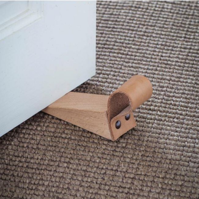 "Shoe Maker" Wood & Leather Door Wedge in Situ "Shoe Maker" Wood & Leather Door Wedge in Situ