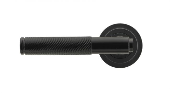 Sleek Black Textured Unsprung Lever Door Handle on Art Deco Rose Front Sleek Black Textured Unsprung Lever Door Handle on Art Deco Rose Front