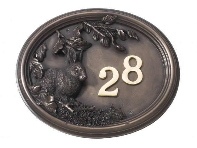Rabbit house number sign finished in bronze