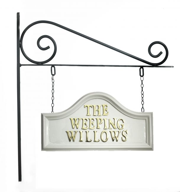 White Arched Hanging Sign on Wall Mounted Bracket