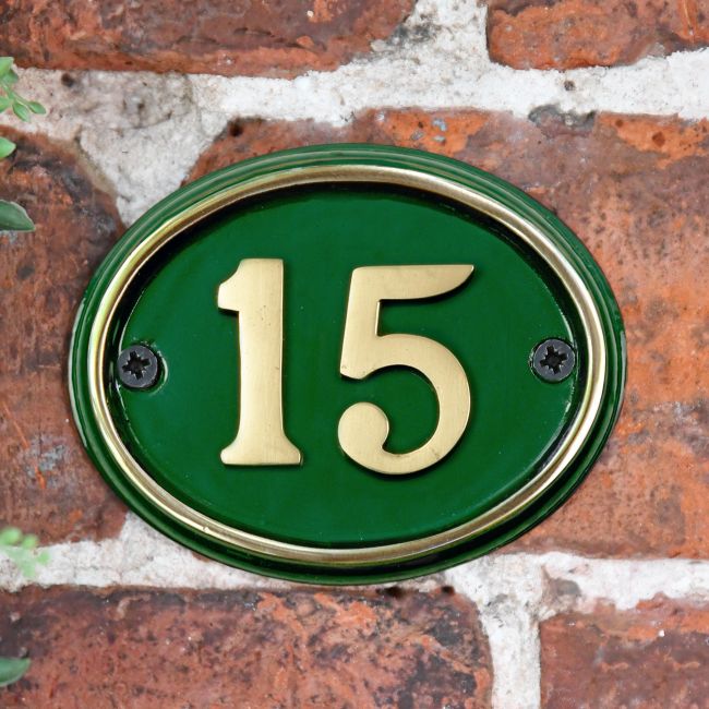 Polished Brass & Green Cast Oval House Number Sign Polished Brass & Green Cast Oval House Number Sign