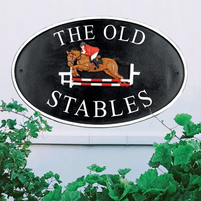 Show Jumper Cast Iron Effect Oval House Name Sign- Vinyl letters