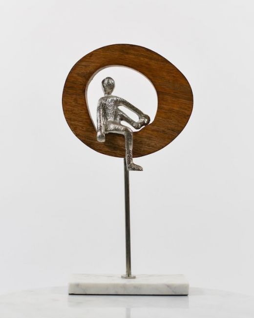 "Soul Searching" Aluminium, Mango Wood & Marble Sculpture - Silver