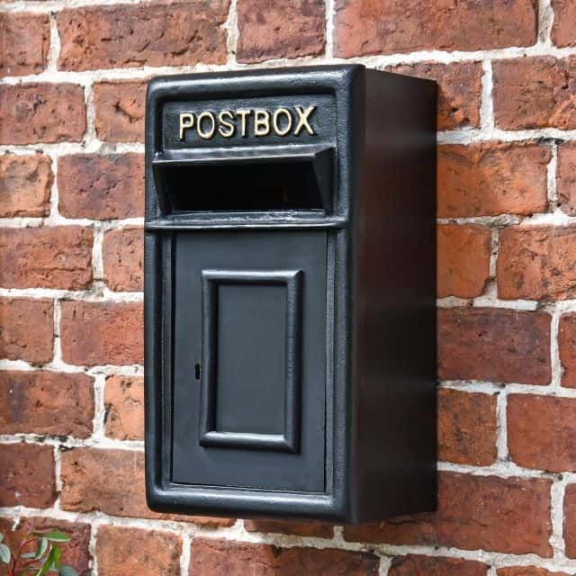 Traditional Wall Mounted Post Box Finished in Black With Gold Text - Thumbnail