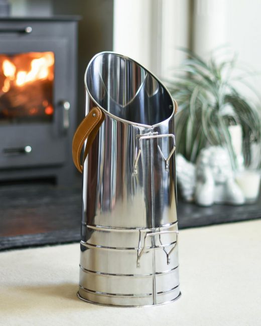 Traditional "Bromley" Coal Hod With Leather Handle In Situ Traditional "Bromley" Coal Hod With Leather Handle In Situ
