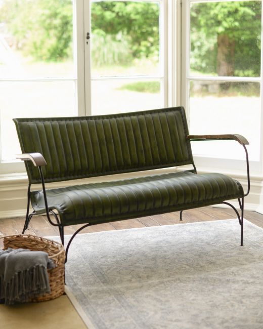 Traditional Green Leather and Iron Two Seater Chair