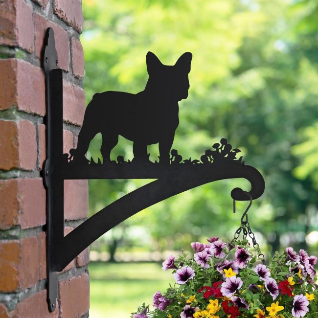 French Bulldog Hanging Basket Bracket in Garden Setting 