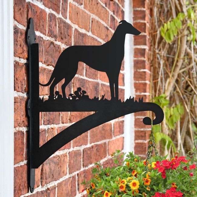 Greyhound Dog Hanging Basket Bracket in Situ on a Brick Wall