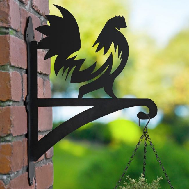 Farm Yard Rooster Hanging Basket Bracket in Garden Setting Farm Yard Rooster Hanging Basket Bracket in Garden Setting