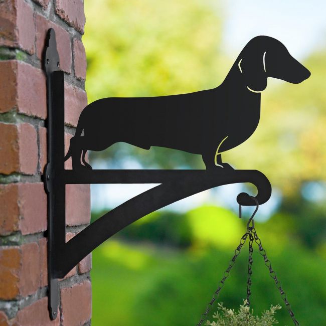 Dachshund Hanging Basket Bracket in Garden Setting 