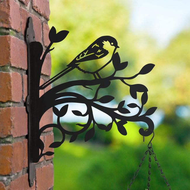Long-tailed Tit Iron Hanging Basket Bracket in Garden Setting Long-tailed Tit Iron Hanging Basket Bracket in Garden Setting