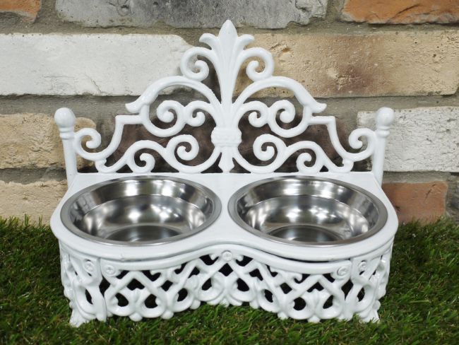 Antique White Dog Bowl Holder & Dish 