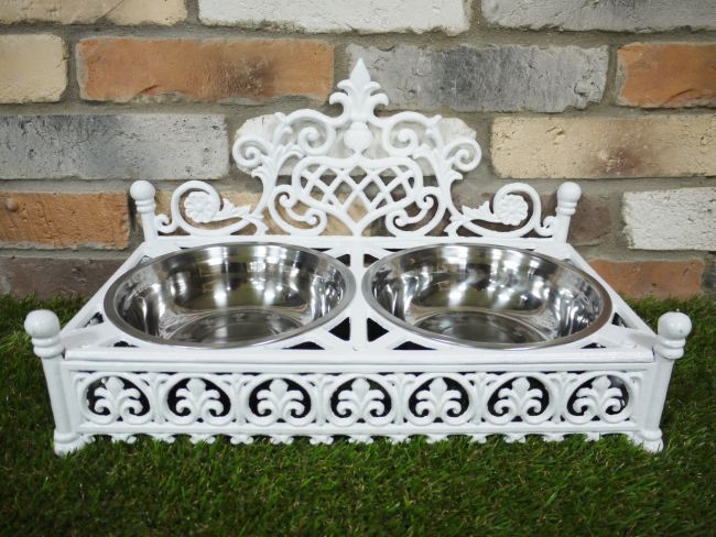 Antique White Double Dog Bowl Holder & Dish 