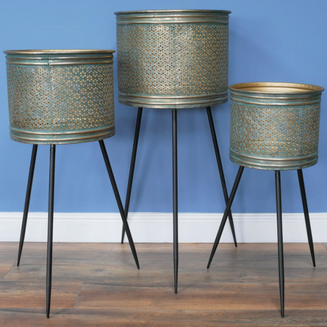 Art Deco Metal Indoor Planters- Set of 3 Art Deco Metal Indoor Planters- Set of 3