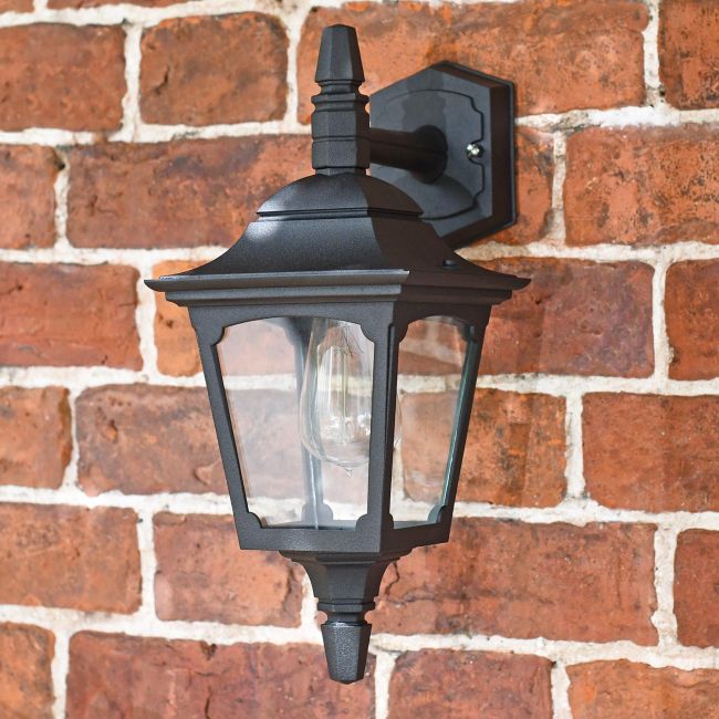 "Moorside" Traditional Top Down Black Wall Lantern in Situ on a Brick Wall "Moorside" Traditional Top Down Black Wall Lantern in Situ on a Brick Wall