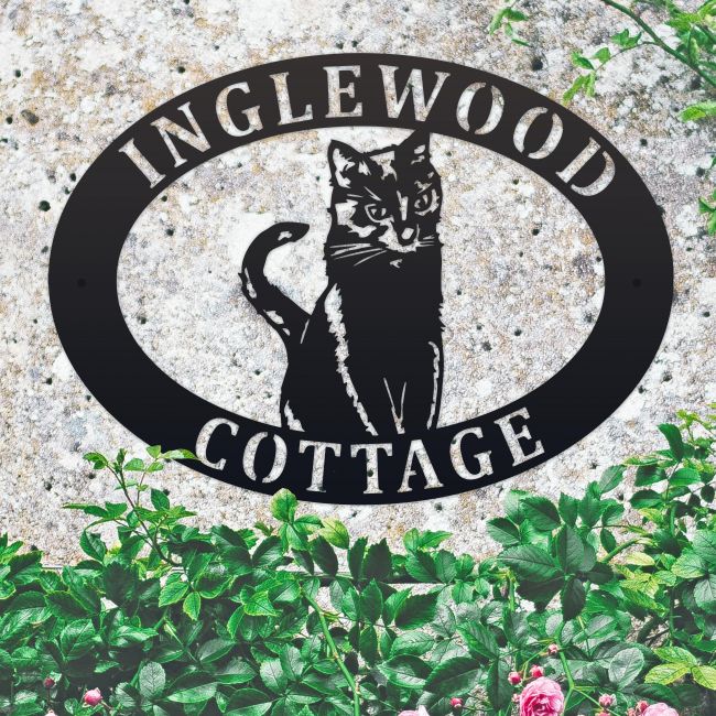 Sitting Cat Iron Oval House Name Sign 