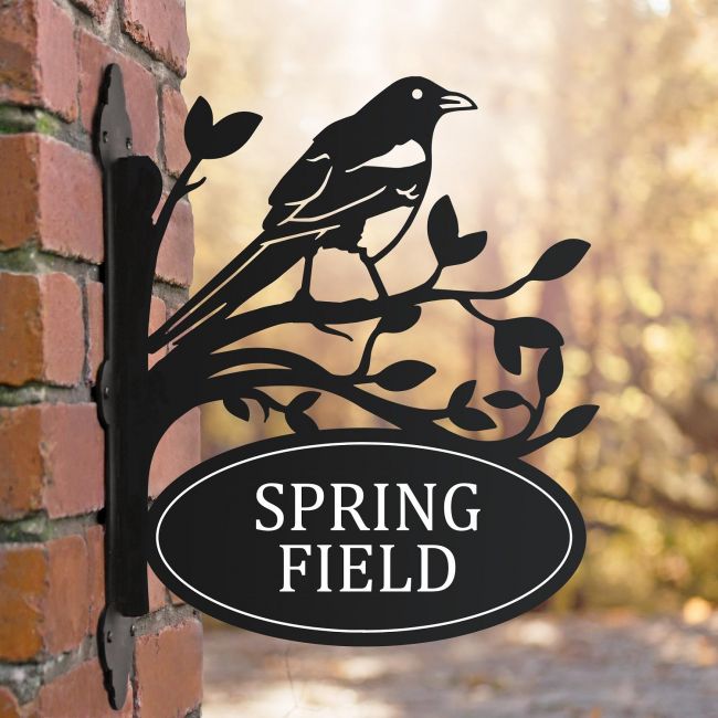 Bracketed House Name Sign with Magpie Design Bracketed House Name Sign with Magpie Design