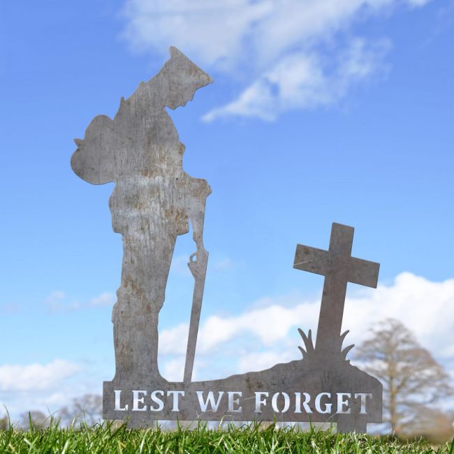 WW2 Soldier "Lest We Forget" Memorial Ground Spike in Natural Steel Finish WW2 Soldier "Lest We Forget" Memorial Ground Spike in Natural Steel Finish