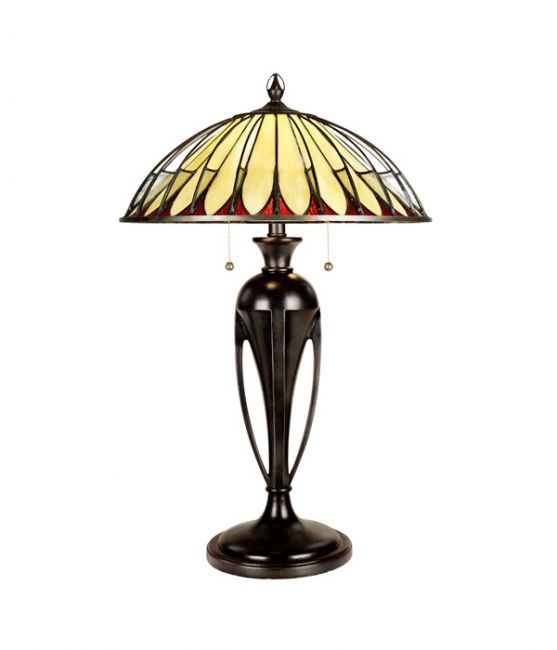 "Hillacre" Vintage Bronze Framed Table Light With Cream And Red Glass Shade