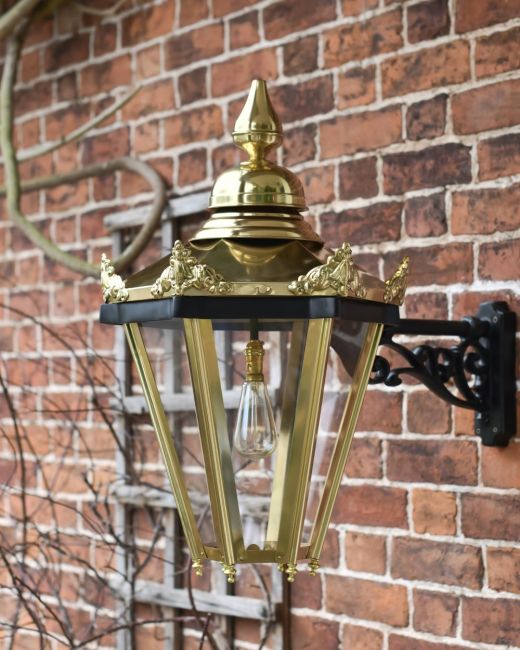 Brass Hexagonal Wall Mounted Lantern three quarter view
