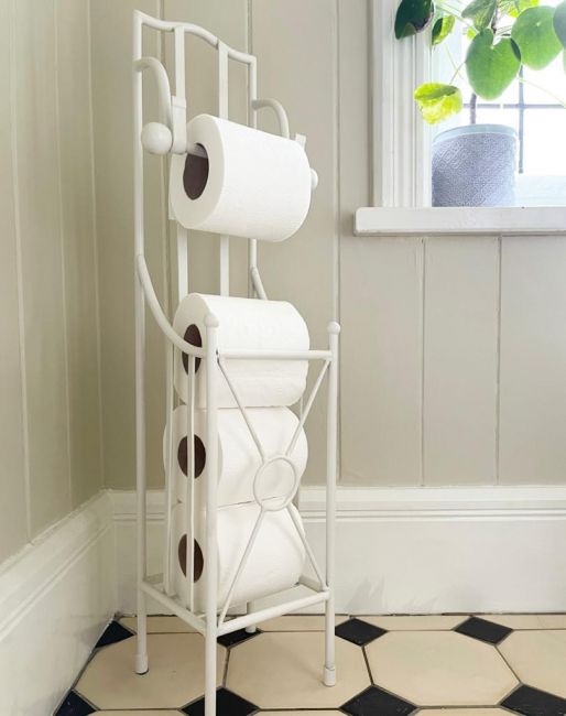 "Wraymond" Floor Standing Cream Toilet Roll Holder in Situ in the Bathroom