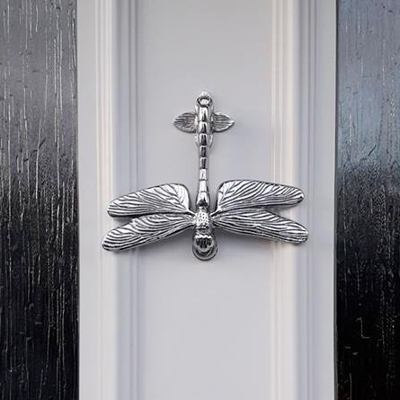 Bright Chrome Dragonfly door knocker on door with privacy glass